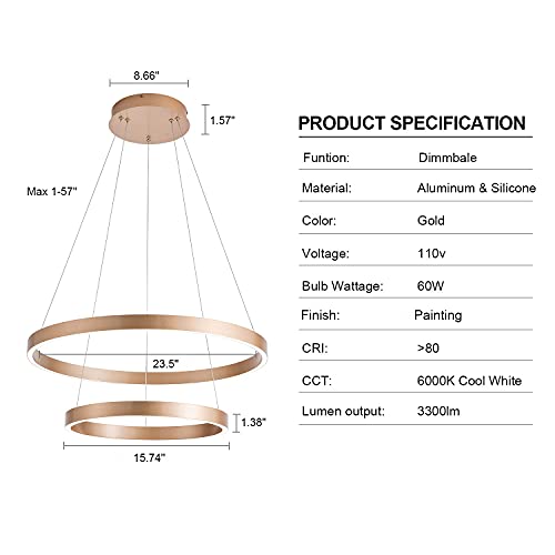 MADEM Modern LED Chandelier 2-Ring Circular Dimmable Pendant Light,Gold - color: Gold, size: 2 Rings