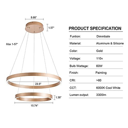 MADEM Modern LED Chandelier 2-Ring Circular Dimmable Pendant Light,Gold - color: Gold, size: 2 Rings