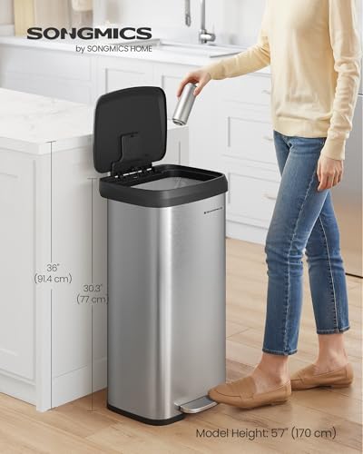 SONGMICS Kitchen Trash Can, 18-Gallon Stainless Steel Garbage Can, with Stay-Open Lid and Step-on Pedal, Soft Closure, Tall, Large and Space-Saving, Silver and Black ULTB520E68 - color: Silver + Black, style: 18 Gallons
