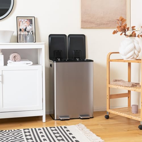 Goplus Dual Trash Can, 16 Gallon/ (2x30L) Double Trash and Recycling Bin Combo for Kitchen, Stainless Steel Garbage Can with 2 Removable Inner Buckets, Soft Closure & Step-on Pedal - color: Silver, size: 16 Gallon