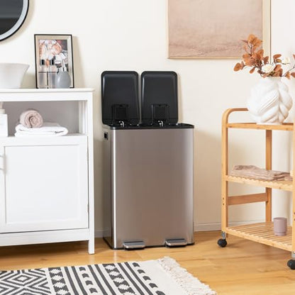 Goplus Dual Trash Can, 16 Gallon/ (2x30L) Double Trash and Recycling Bin Combo for Kitchen, Stainless Steel Garbage Can with 2 Removable Inner Buckets, Soft Closure & Step-on Pedal - color: Silver, size: 16 Gallon