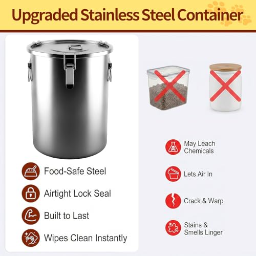 304 Stainless Steel Dog Food Storage Container, 50LB/55LB Airtight Pet Food Container with Locking Lid & Silicone Seal, Large Metal Food Storage Bin for Dry Dog/Cat Food, Rice, Flour (50 LBS) - size: 50 LBS