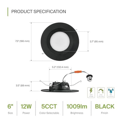 ASD Black Retrofit LED Recessed Lighting 6 Inch - 12W 2700K-5000K 1009LM Can Lights for Ceiling 6 Inch, Dimmable Black Recessed Lights, Baffle Trim Wet Rated Wafer Lights, UL - color: Black Baffle, size: 1 Pack