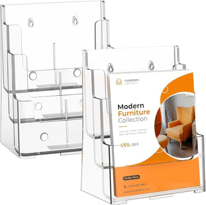 FUCDTEFC 2 Pack Acrylic Brochure Holder 8.5x11 & 4 x9 Inches Universal, Clear 3 Tier Magazine Stand Brochure Display Stand w Removable Divider, Literature Flyer Holder for Wall Mount or Countertop - size: 2 Pack 3-Tier Brochure Holder