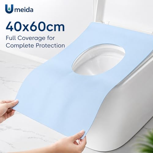 50 Count Disposable Toilet Seat Covers with Secure Adhesive Tabs for a Non-Slip Fit - XL Extra Large, Waterproof, Individually Wrapped for Travel, Kids, Adults, and Public Restrooms