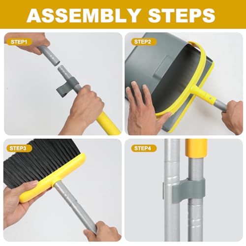 Broom and Dustpan Set with 54 Inch Long Handle - Perfect Dust Pan and Brush Combo for Home Efficient Cleaning (Yellow and Grey) - color: Yellow and Grey