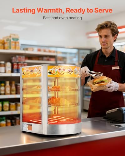 VEVOR 3-Tier Commercial Food Warmer Display, 800W Food Display Warmer with LED Light, Adjustable Shelf and Stainless Steel Frame, 86℉~185℉ Air Heating, 60L for Hamburger, Pizza, Bread, Fried Chicken - size: 3-Tier-42Qt
