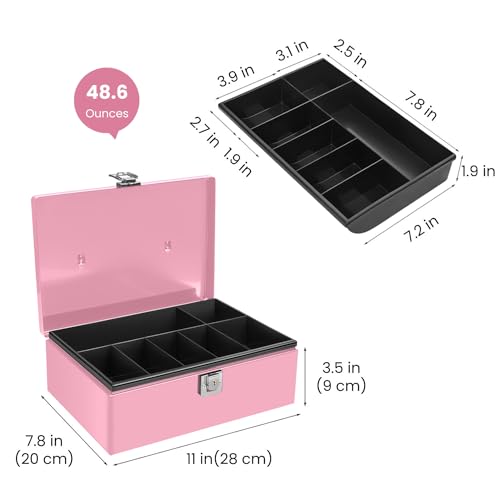 Flexzion Cash Box with Money Tray and Lock - Metal Money Box for Cash Storage with Secure Latch Lock & Key - Pink Petty Cash Box with 7 Compartment Money Tray for Small Businesses, 11x7.7x3.5 Inches - color: Pink