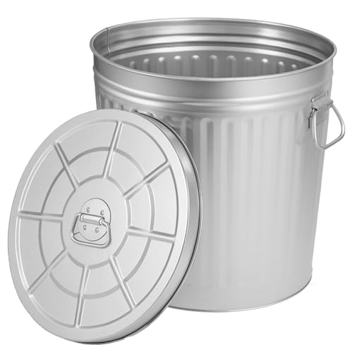 Gardenised Round Galvanized Steel 9 Gallon Trash Can with Lid and Handles Durable Metal Storage Bucket for Backyard Lawn Garden and Yard Use Weather-Resistant Garbage Can for Indoor and Outdoor - size: 9 Gallons
