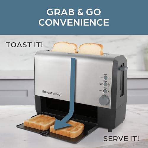 West Bend QuikServe Toaster, 2-Slice Wide-Slot Slide-Through Bread Toaster with Bagel and Gluten-Free Settings and Cool-Touch Exterior Fast Toasting, Includes Removable Serving Tray,1400-Watts, Silver - color: Silver