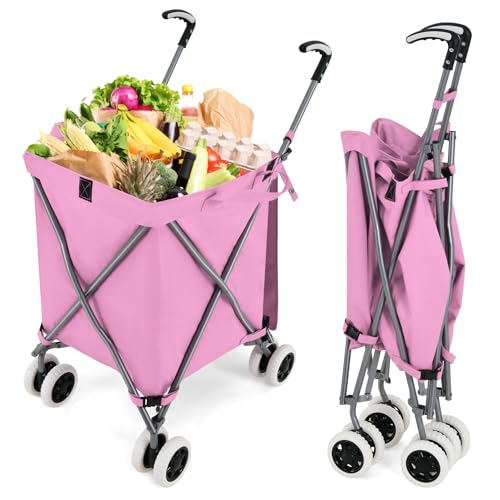 Goplus Folding Shopping Cart with Wheels, Grocery Cart with Removable Oxford Cloth Liner, Lightweight Utility Cart for Groceries Laundry, Pink - color: Pink