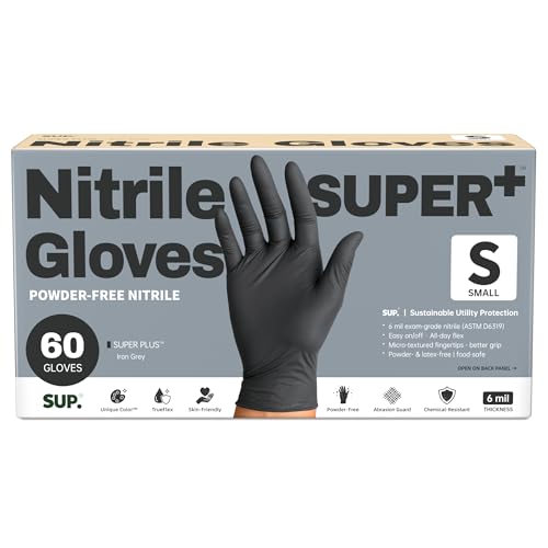 SUPER+ Black Nitrile Gloves HEAVY DUTY 6 Mil Disposable Chemical Resistant Powder & Latex Free Medical Food Safe, 60/600 Ct - color: 60 Small (Black)