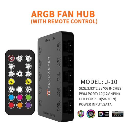 ARGB Fan HUB, 10-Port 4 Pin PC Fan Controller, 5V-3Pin ARGB Fan Hub, Magnetic Suction, SATA Power Input,RF Remote & Chassis key control,Controller Support 10 ARGB PWM Fans Splitter, Black - color: J-10 （Black）