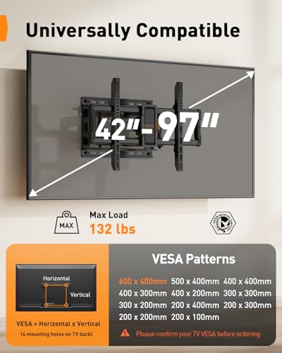 Perlegear TV Wall Mount Full Motion for 42–97 inch TVs up to 132 lbs - size: Fits 42-97" TVs / Max 16" Wood Stud