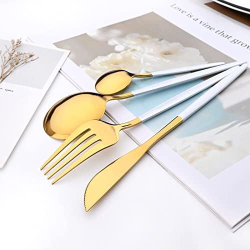 Mirror Cutlery Serving Set, 24-piece 18/0 Stainless Steel Silverware With White Handle Simple & Modern Tableware For Home Party Restaurant Christmas Dinner, Service For 6 (White Gold) - color: White gold