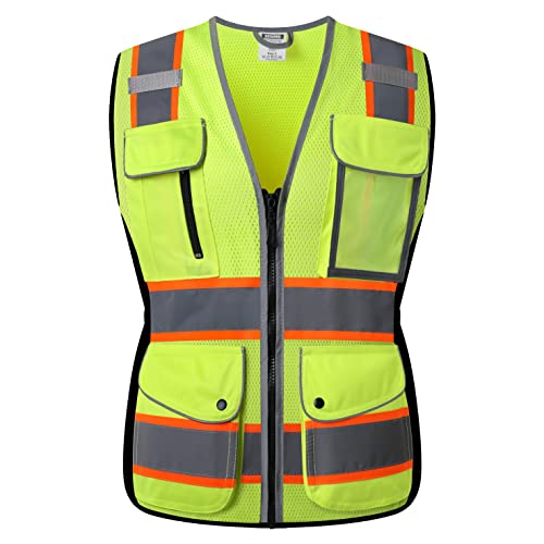 Reflective Safety Vest for Women Mesh High Visibility Vest with 8 Pockets and Front Zipper High Vis Vest Work Vests Meets ANSI/ISEA Standards(Yellow-16, Large) - color: Yellow, size: Large