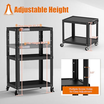 3 Shelf Metal Utility Cart - Durable Computer Cart on Wheels with Power Strip,Height Adjustable AV Presentation Cart Stand for Movie Projector,TV and Laptop Computers,Easy to Assemble, Black - style: AV Cart(M-AV-JS)