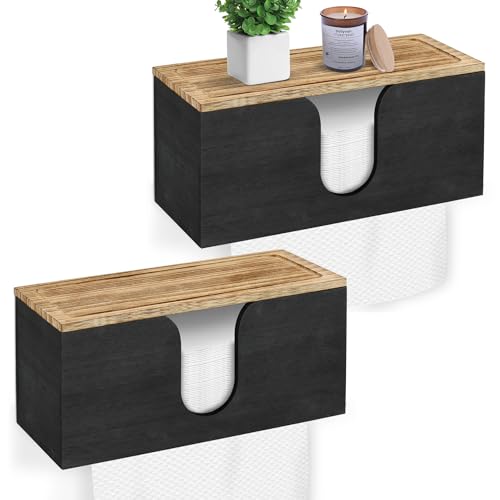 Solid Wood Paper Towel Dispenser Wall Mounted, Folded Paper Towel Holder with Lid, Commercial C-Fold, Z-Fold, Trifold Hand Paper Towel Holder Dispenser for Bathroom Kitchen Office - color: Black, Pack of 2