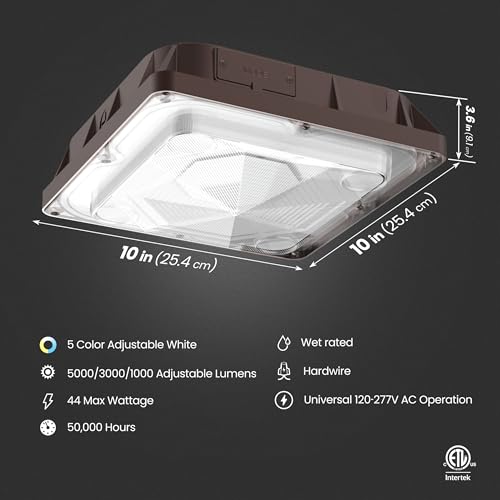 Feit Electric 10in LED Canopy Light, 5CCT Selectable, 4000 Lumens, 44W, Wet Rated Die-Cast Aluminum Housing, 50,000-Hour Lifetime, Bronze Outdoor Commercial Security Ceiling Fixture, S10CNPY/5CCT/BZ - color: 3000K-6500K White