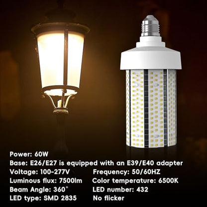Led Corn Light Bulb - 60W 7500LM Equivalent 600Watt E26 for Warehouse 6000K 2 Pack - size: 2 Pack（6000K）