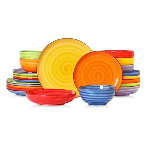 Selamica Ceramic Plates and Bowls Sets,24 Pieces Dinnerware Sets for 6,Scratch Resistant Dish Set for holiday gathering,Dishwasher & Microwave Safe, Dopamine - color: Dopamine, size: Service for 6 (24 Pcs)