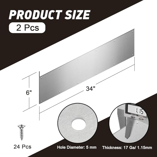 Docik 2 Pack Door Kick Plate, 6 x 34 Inch, 5052 Aluminum, 17 Ga Thickness, Satin Finish, Silver, Decorative Metal Door Plates for Bottom of Interior and Exterior Doors - color: Silver, size: 6 x 34 Inch