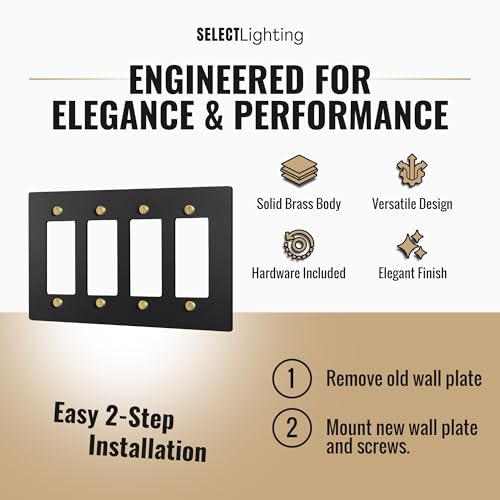 SELECT 4-Gang Solid Brass Wall Plate Cover, Black w/Brass Accessories - color: Black with Brass, size: 4 Gang, style: Wall Plate