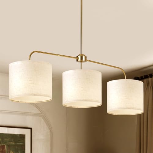 3 Light Gold Linear Chandelier with Linen Beige Drum Shades,Modern Pendant Light Fixture for Kitchen Island,Dining Room,Living Room,Mid-Century Ceiling Light Fixture,Adjustable Height Island Light - color: 3 Light-Gold