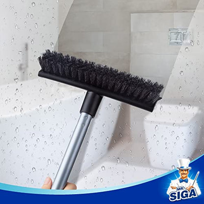 MR.SIGA Floor Scrub Brush with Long Handle, 2 in 1 Scrubber and Squeegee for Cleaning Bathroom, Patio, Garage, Wall, Tile with Stiff Bristles (Pack of 3) - size: 8.7 x 48.4 inch (Pack of 3)