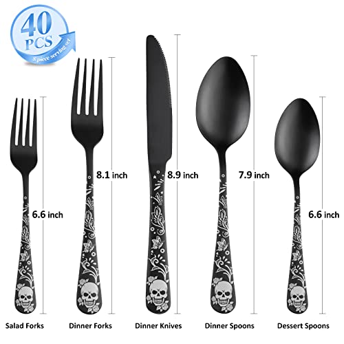 40 Piece Skull Pattern Matte Silverware Set for 8, Black Flatware set Service for 8,Gothic Unique Skull Pattern Design,18/0 Stainless,Satin Finish Cutlery for 8,Dishwasher Safe - color: Matte Black-Skull /40pieces