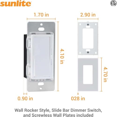 Sunlite LED Wall Rocker Style, Slide Bar Triac Dimmer Switch, Screwless Wall Plates Included, Single Pole or 3-Way Switching, 120 Volts, 200W Max for LED, 600W Max for Incandescent, White, 1 Pack - color: 1 Pack