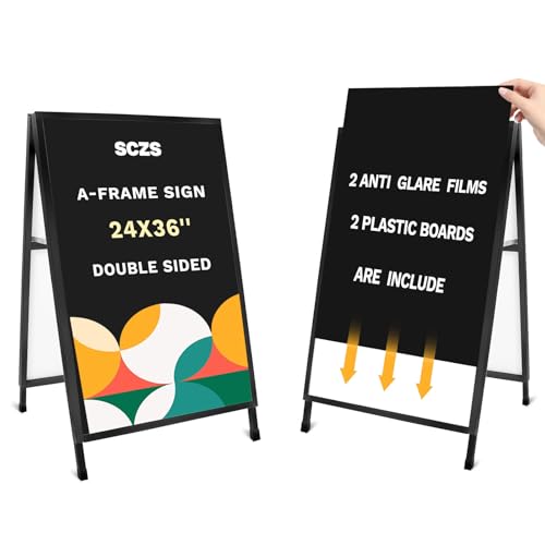24x36 Inches Double Sided Heavy Duty Slide-in Folding A-Frame Sidewalk Curb Sign Stand Display Poster Boards Poster Holder Frame Chalkboard Sign, (Black-Metal)