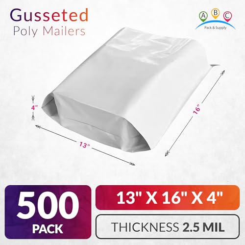 ABC PACK & SUPPLY Gusseted Poly Mailers, 13 x 16 x 4 Inch, 2.5 Mil White Shipping Bags for Clothing, Self Seal Plastic Mailing Envelopes, Pack of 500 - size: 13" x 16" x 4" / 500 Pack