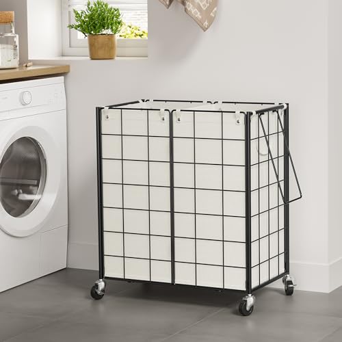WOWLIVE Double Laundry Hamper with Wheels, Metal Rolling Laundry Basket - color: Black and White, size: 120l