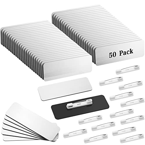 50 Pack Name Tag Blanks with Pin 1 x 3 Inch Plastic Name ID Badge Holders with Clips Round Corners Nametags Labels Printable Tags for DIY(Silver, Black) - color: Silver, Black