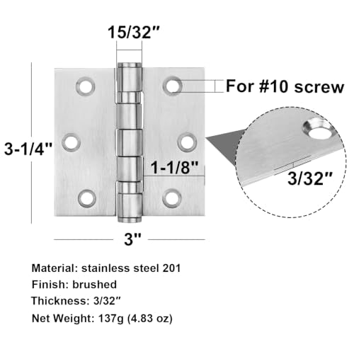 6 Pack 3" x 3" Square Door Hinges, Stainless Steel Butt Hinges
