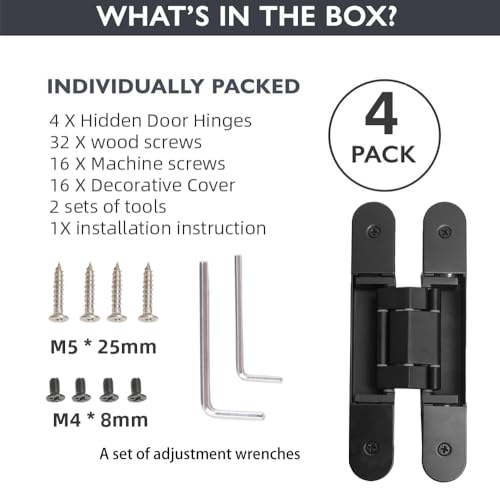 4-Pack 7 inch Black Hidden Door Hinges, Heavy Duty Zinc Alloy Concealed Hinges, Invisible 180 Degree Swing Hinge, 3 Way Adjustable Butt Hinge - color: Black, size: 7 Inch