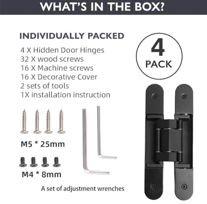 4-Pack 7 inch Black Hidden Door Hinges, Heavy Duty Zinc Alloy Concealed Hinges, Invisible 180 Degree Swing Hinge, 3 Way Adjustable Butt Hinge - color: Black, size: 7 Inch