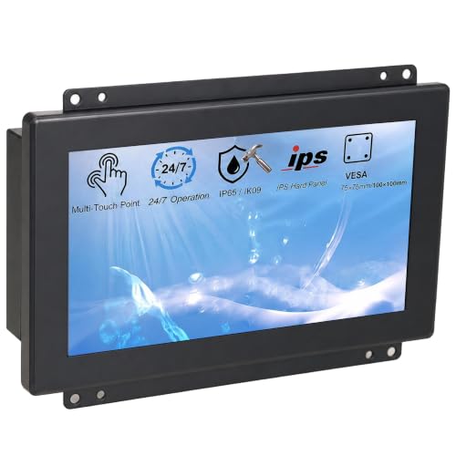 7 Inch Open Frame Capacitive Touchscreen Monitor - 10-Point Touch 1024x600 300 Nits IP65 Waterproof Display VESA Panel Mount - for Kiosk POS HMI Automation Digital Signage 7x24h Industrial Work - size: 7