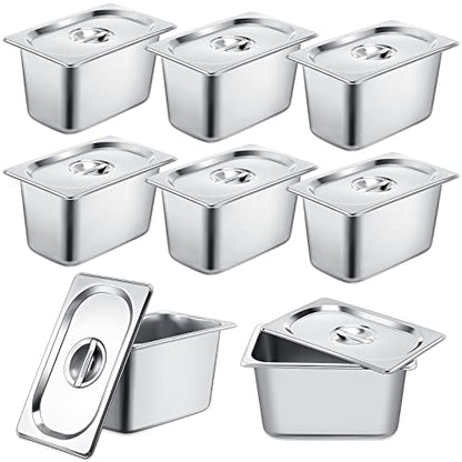 8 Pack Stainless Steam Hotel Pan 6 Deep Steam Table Pan with Lid 0.8 mm Thick Stainless Steel Restaurant Anti Clogging Steamer for Party, Restaurant, Hotel(1/4 Size) - size: 1/4 Size