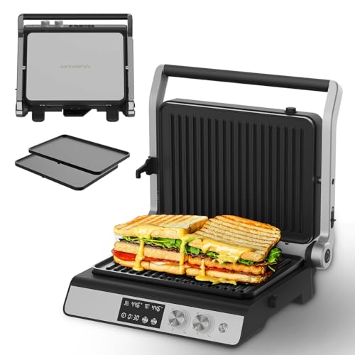 Panini Press,4 Slices Contact Grill with Removable Non-Stick Coated Grill and Flat Plates,Panini Makers with Temperature Control and Timer,Open 180 Degrees,Grill and Griddle (Silver with digital) - color: Silver with digital