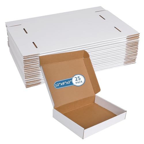 Fishat 12" x 9" x 2" White Corrugated Cardboard Shipping Boxes Set of 25, - size: 12" x 9" x 2"