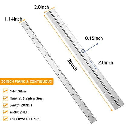 2PCS 20" Stainless Steel Piano Hinge, 0.06" Thick Heavy Duty Piano Hinge - color: Silver, size: 20Inch x 2Inch