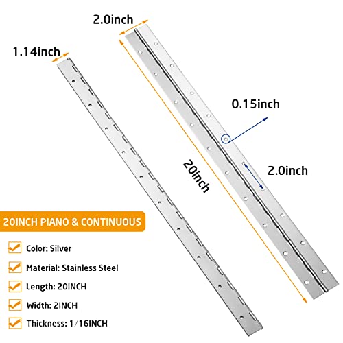 2PCS 20" Stainless Steel Piano Hinge, 0.06" Thick Heavy Duty Piano Hinge - color: Silver, size: 20Inch x 2Inch