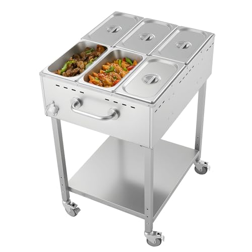 VEVOR 6-Pan Commercial Propane Steam Table, LP Gas Outdoor Soup Warmer with Drain Valve and 3" Wheels, Stainless Steel Propane Food Warmer with Adjustable Temperature, for Restaurant Outdoor Camping - size: 6×1/3 Pan;48QT