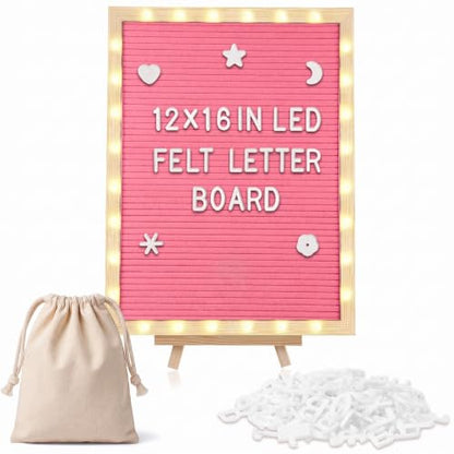12 x 16 Inches Felt Letter Board & LED Light, Pink, Natural Wood - color: Pink, size: 12 x 16 Inches, style: Natural Wood