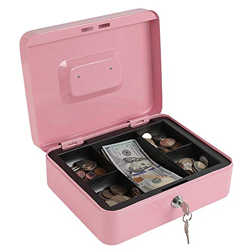 xydled Large Cash Box with Lock, Metal Money Box, Steel Money Box, Pink - color: Pink, size: Large