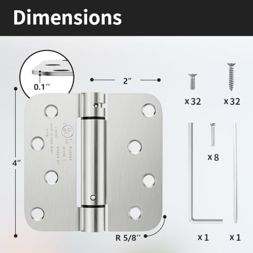 4 Pack Self Closing Door Hinges, 4 Inch Spring Loaded Door Hinges with 5/8'' Radius Corners, Adjustable Tension for Garage, Front, Back Door, UL Listed, Left and Right Hand, Brushed Nickel - size: 4" 4 Pack