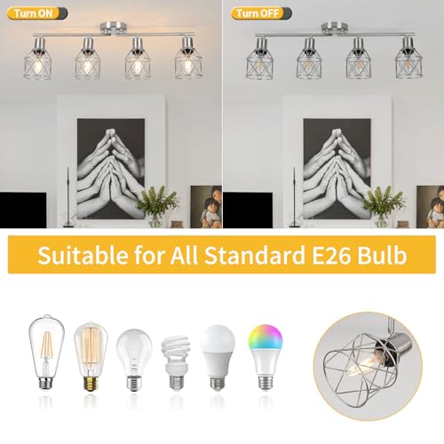 WILON Ceiling Lighting Fixtures,4 Way Track Light Fixture,4 Ceiling Spotlight,Kitchen Island Lighting Semi Flush Mount,Kitchen Track Lighting Flexibly Rotatable Light Head,E26 Base - color: Brushed Nickel, size: 4-Light-Cage