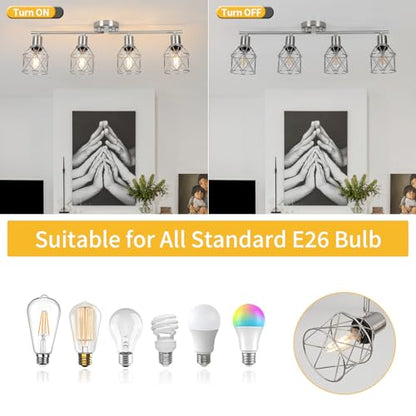 WILON Ceiling Lighting Fixtures,4 Way Track Light Fixture,4 Ceiling Spotlight,Kitchen Island Lighting Semi Flush Mount,Kitchen Track Lighting Flexibly Rotatable Light Head,E26 Base - color: Brushed Nickel, size: 4-Light-Cage